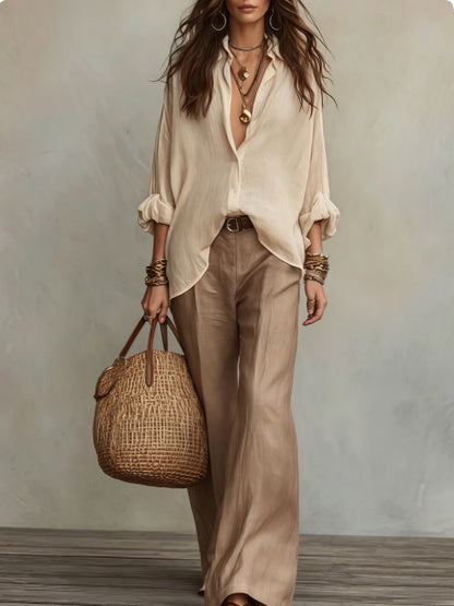 Womens Relaxed Button Down Shirt Wide Leg Pants Set