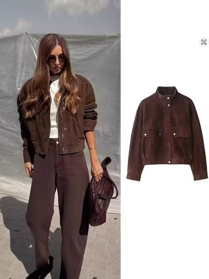 Women Vintage Brown Faux Suede Cropped Bomber Jacket