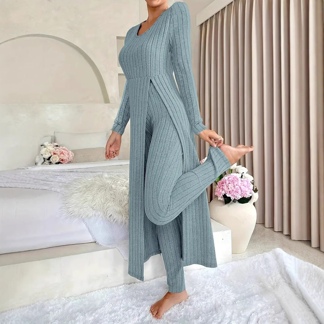 Ribbed Knit Side Slit Long Sleeve Pants Two Piece Set