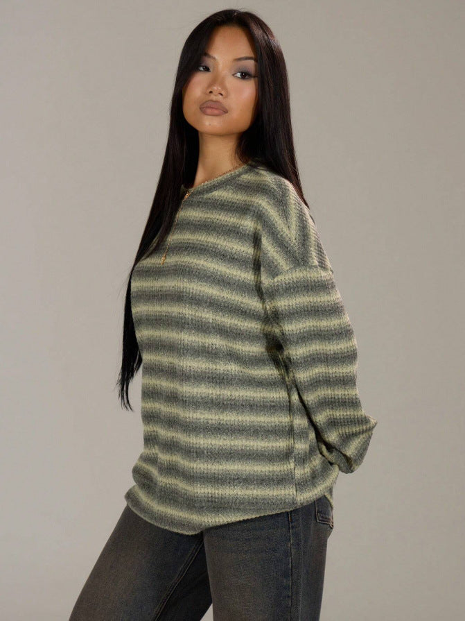 Oversized Striped Crewneck Sweater Casual Drop Shoulder Top
