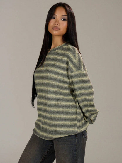 Oversized Striped Crewneck Sweater Casual Drop Shoulder Top