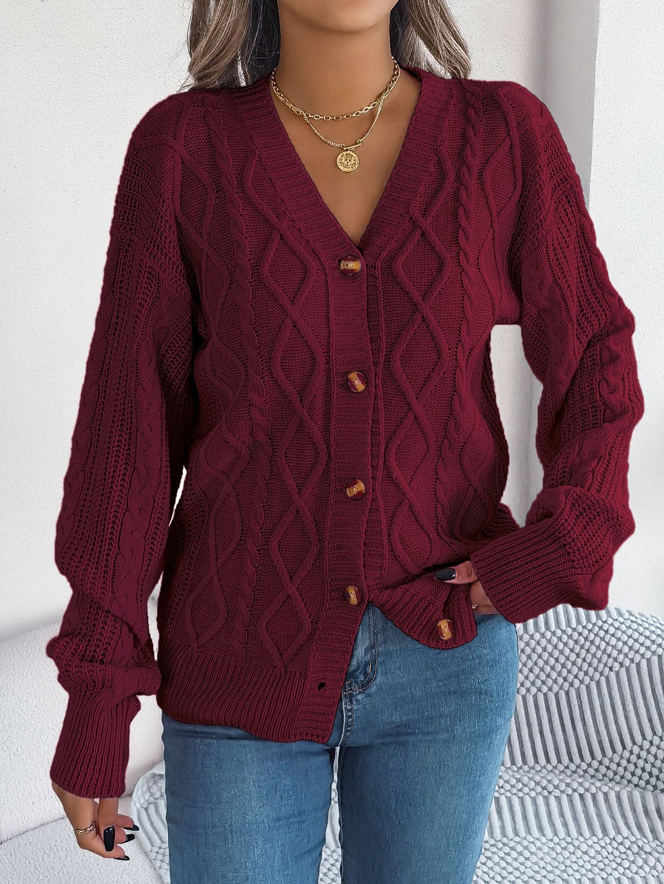 Fall Winter Cable Knit V Neck Lantern Sleeve Cardigan