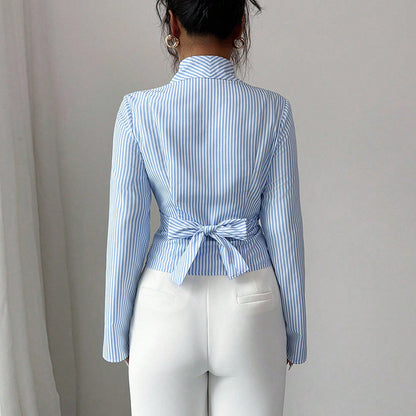 Womens Striped Wrap Blouse Long Sleeve Tie Front Top