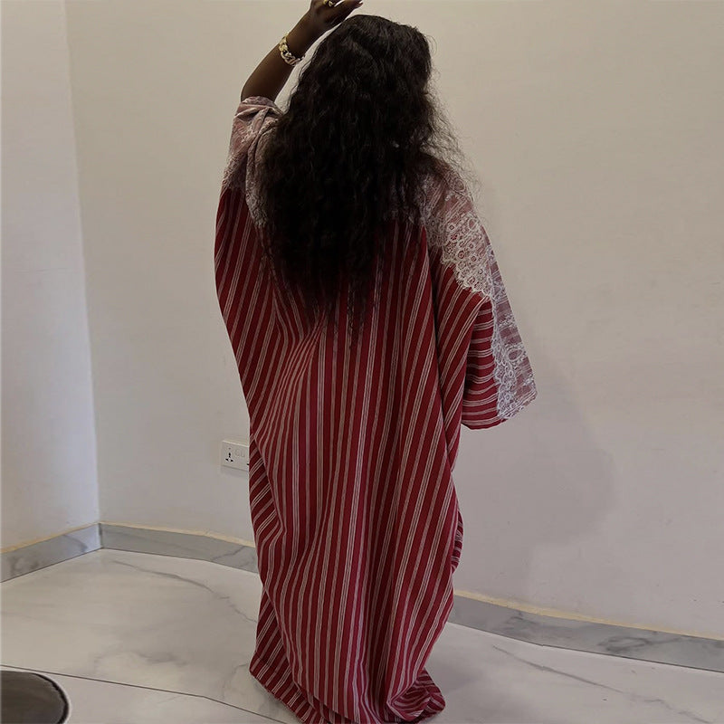 Striped Lace V-Neck Long Sleeve Maxi Dress
