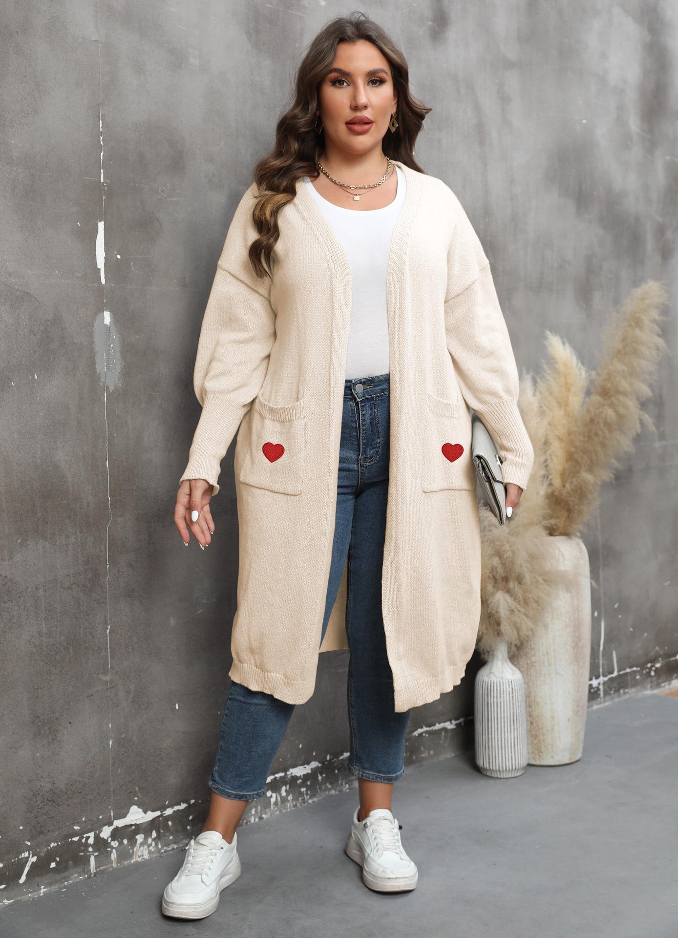 Women's Loose Medium and Long Double Pocket Lantern Sleeve Sweater Cardigan Jacket