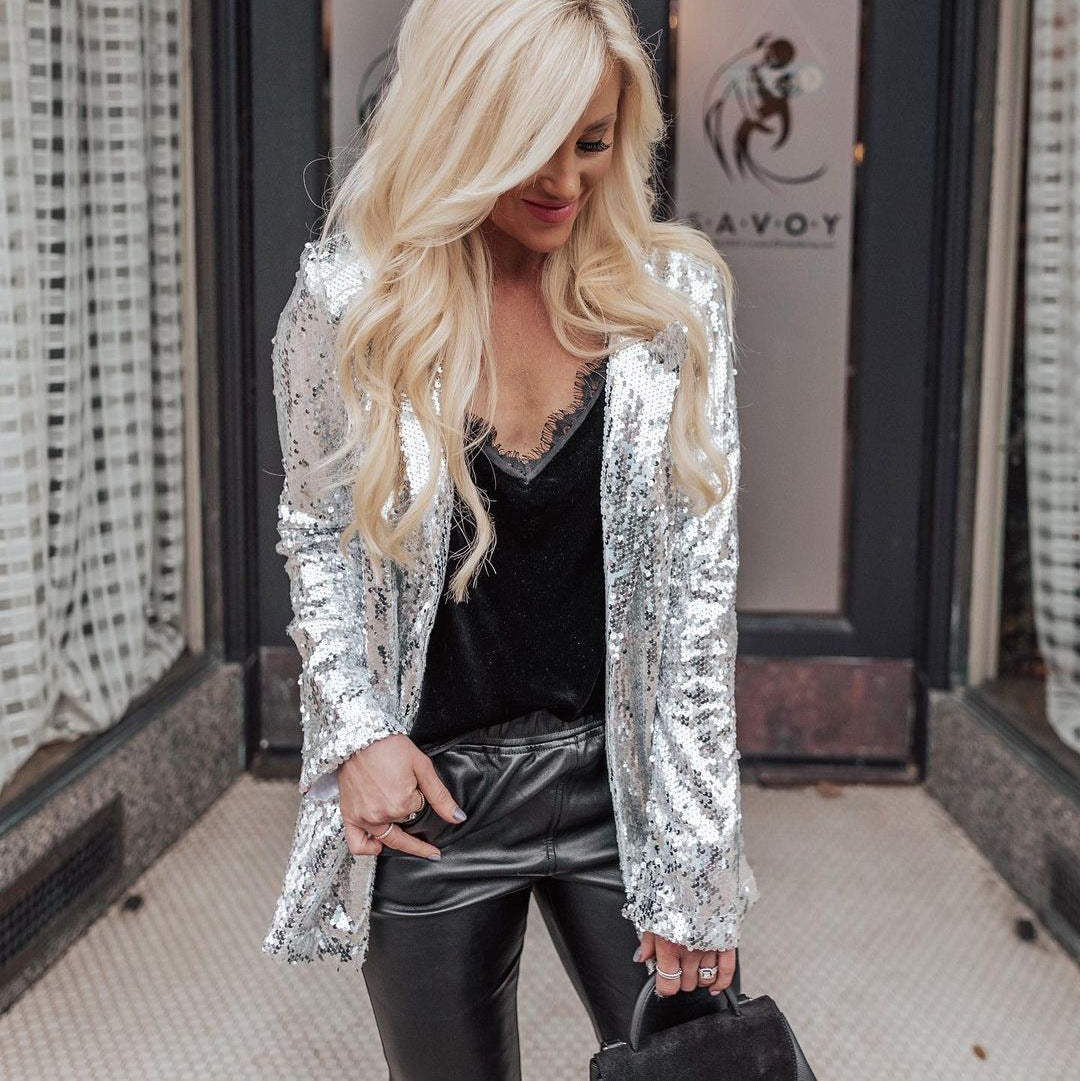 Women's Sequin Blazer Long Sleeve Zip Up Slim Jacket