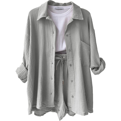 Women's Textured Shirt & Drawstring Shorts Matching Set