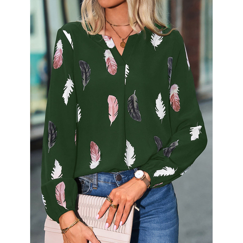 Feather Print V Neck Chiffon Blouse Long Sleeve Top