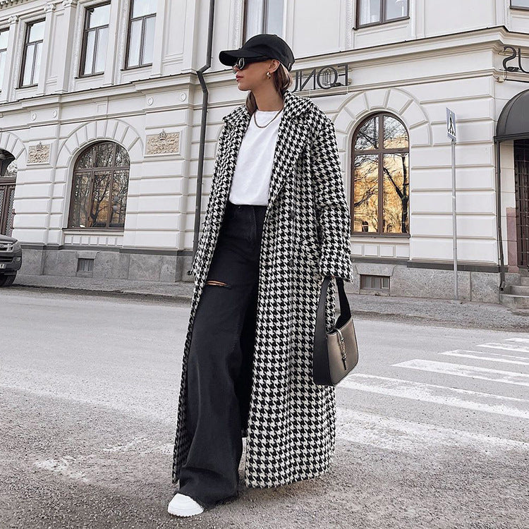 Women's Houndstooth Maxi Winter Coat Double Breasted Belted