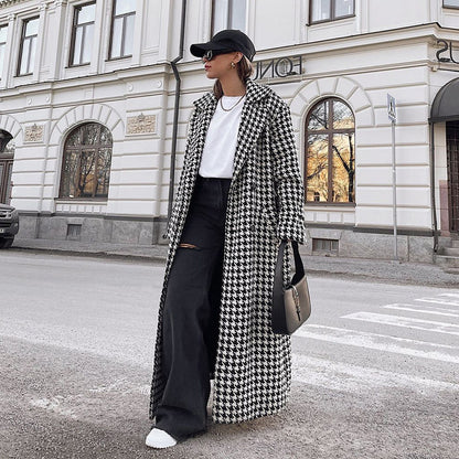 Women's Houndstooth Maxi Winter Coat Double Breasted Belted