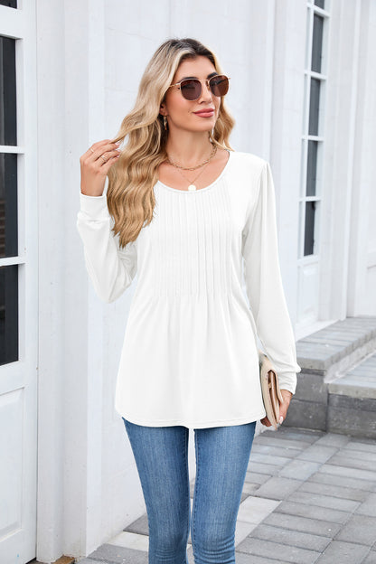 Women's Long Sleeve Pleated Tunic Top Loose Casual Blouse
