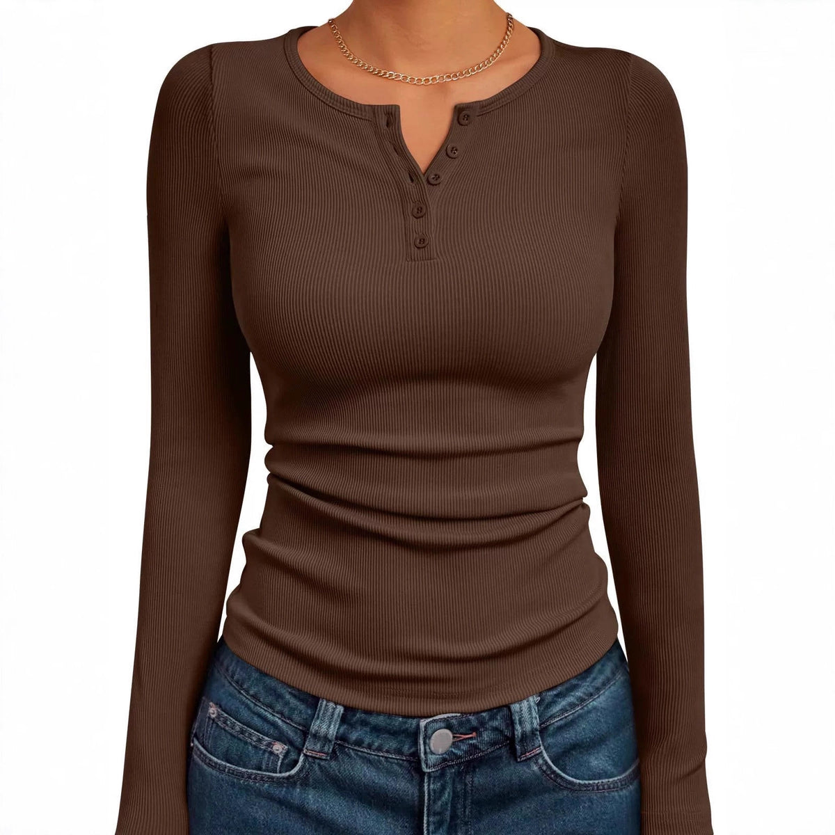 Women's Ribbed Henley Long Sleeve Fitted Top