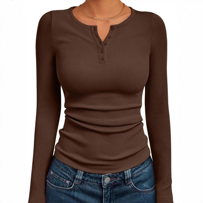 Women's Ribbed Henley Long Sleeve Fitted Top