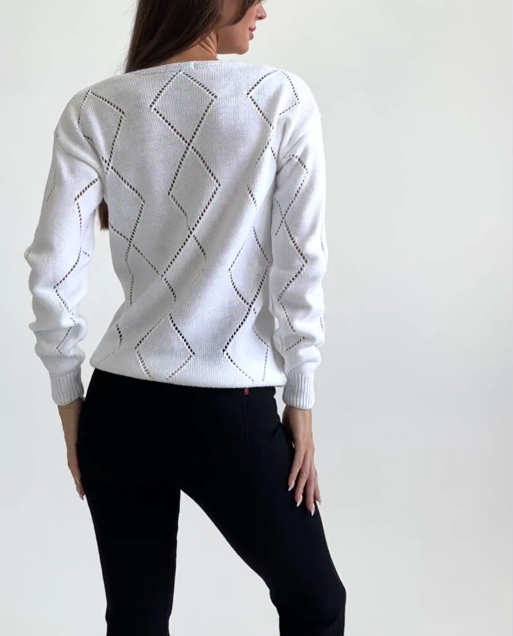 V-Neck Pointelle Sweater Women Oversized Diamond Knit Top