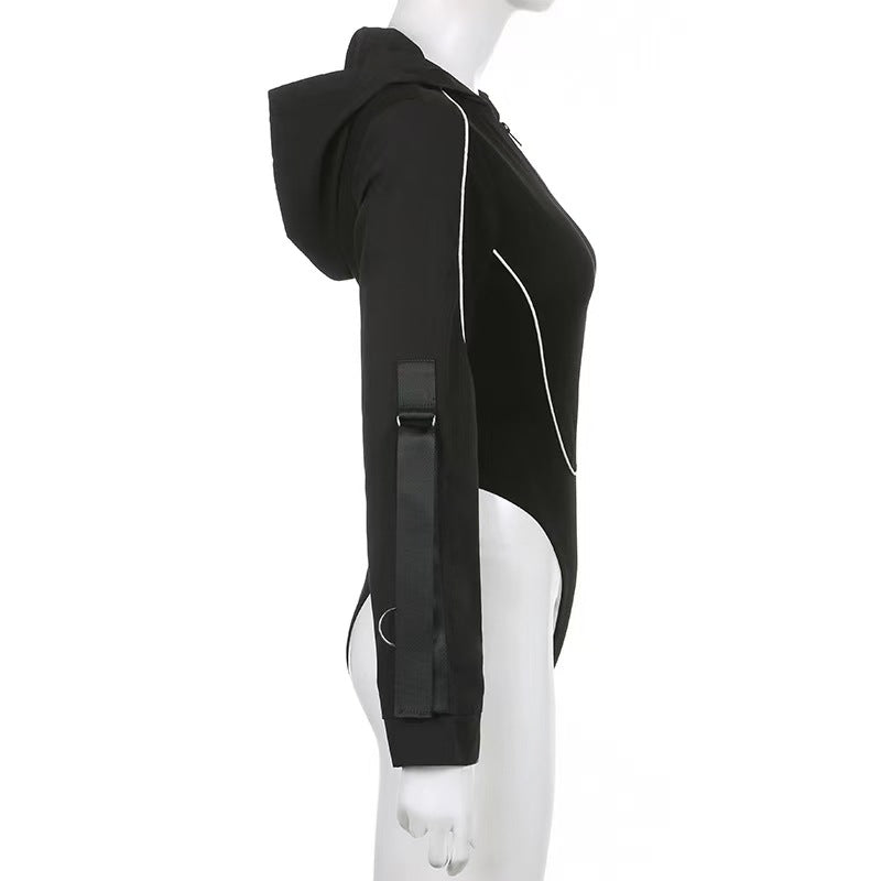 Women Hooded Cut Out Bodysuit Long Sleeve Streetwear