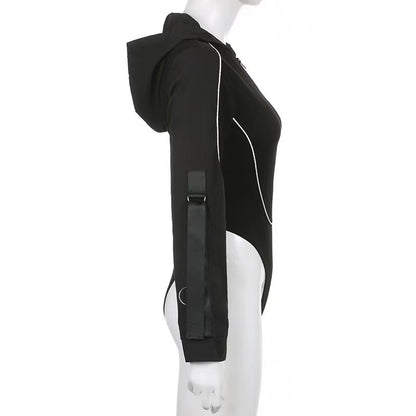 Women Hooded Cut Out Bodysuit Long Sleeve Streetwear