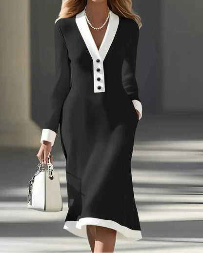 Colorblock V Neck Button Long Sleeve Midi Work Dress