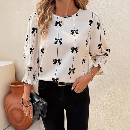 Women's Bow Print Smocked Blouse 3/4 Bell Sleeve Crew Neck