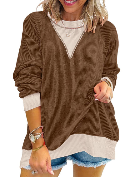 Colorblock Ribbed Sweatshirt Women Casual V Neck Pullover