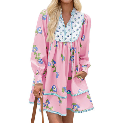Boho Floral V-Neck Long Sleeve Flowy Mini Dress