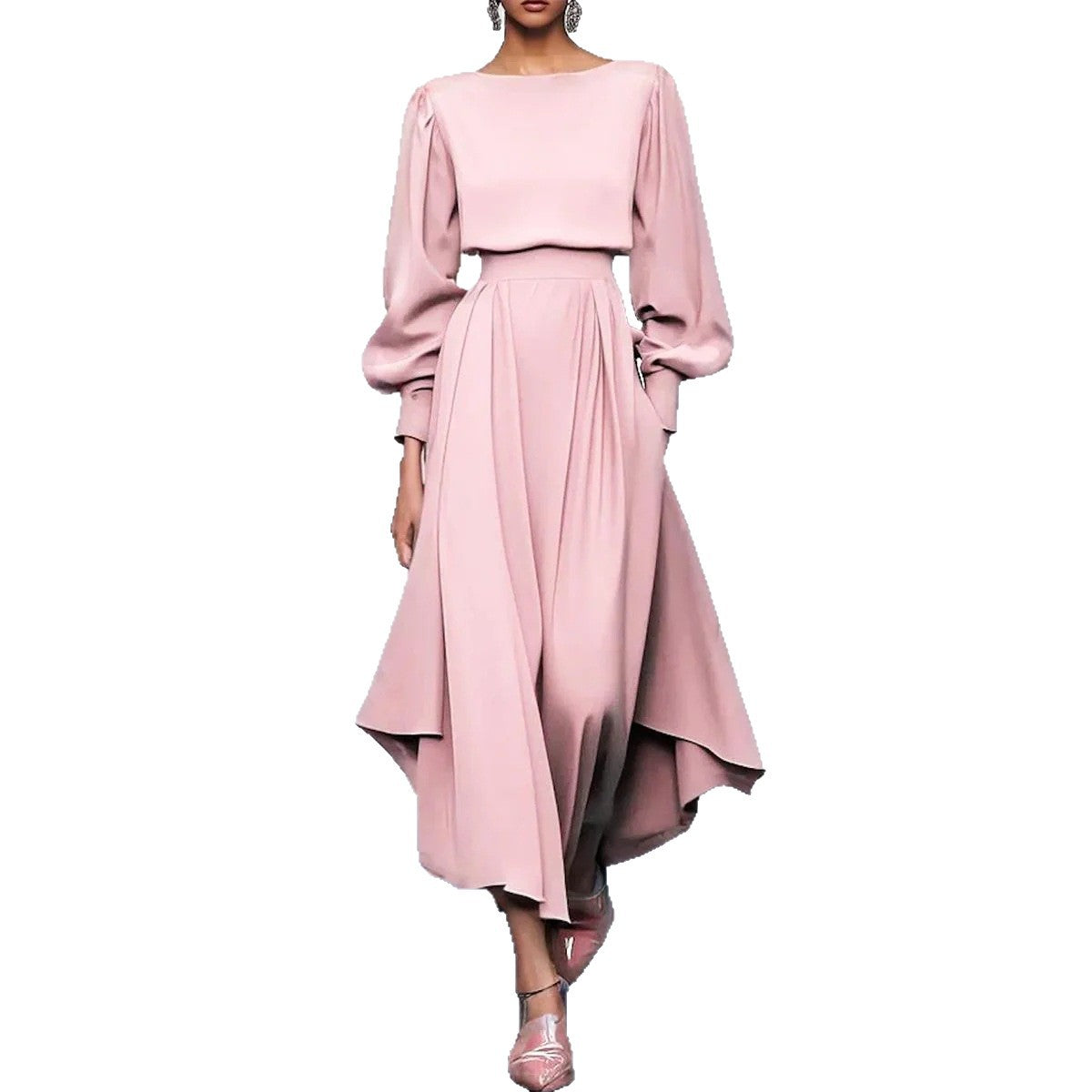 Pink Balloon Sleeve High Waist A-Line Maxi Dress
