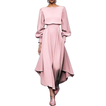 Pink Balloon Sleeve High Waist A-Line Maxi Dress