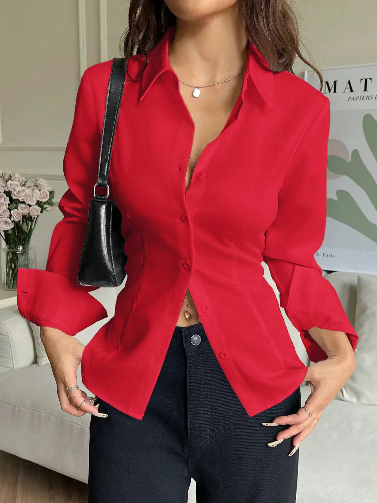 Women's Corset Tie Back Blouse V Neck Fitted Top