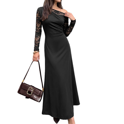 Sexy Black Lace One Shoulder Long Sleeve Maxi Dress