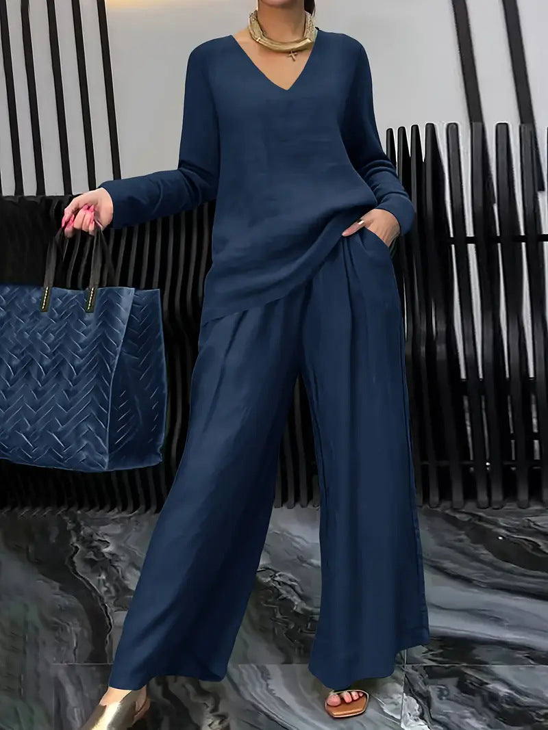 Women's Casual V Neck Wide Leg Pants Matching Set Plus Size