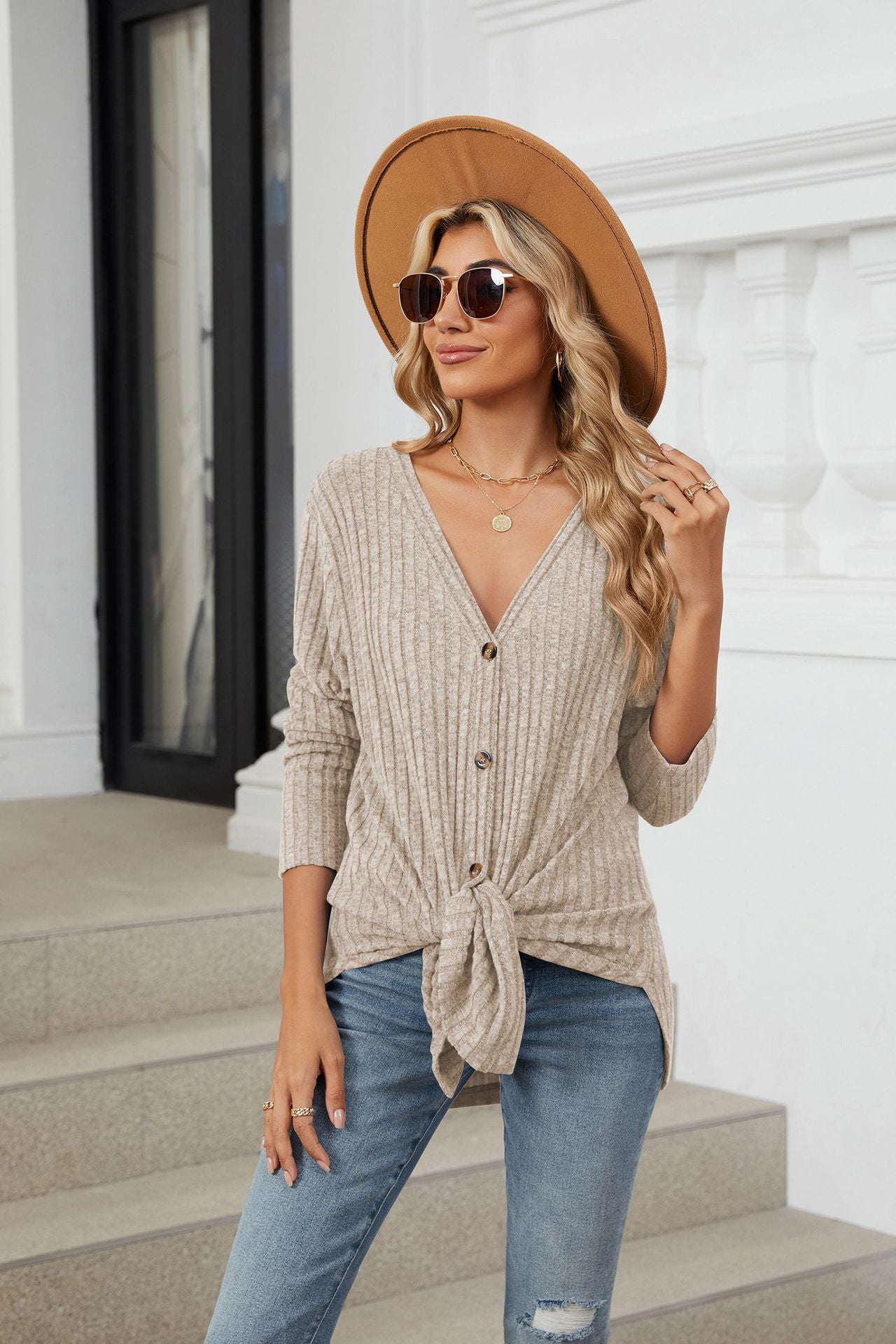 Soft Ribbed Knit Button Down Tie Front Cardigan Top