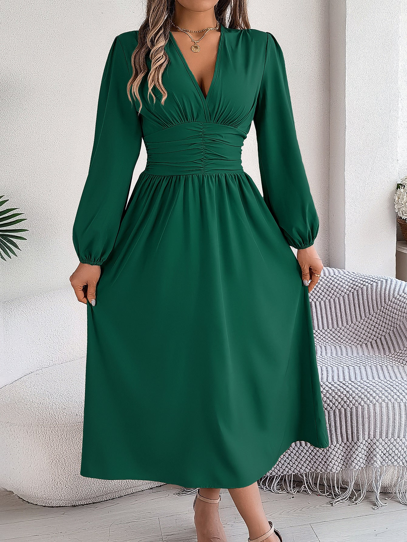 Solid Color V Neck Long Sleeve Slit Maxi Dress