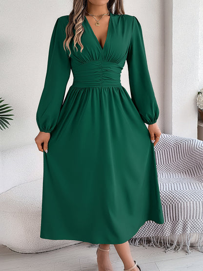 Solid Color V Neck Long Sleeve Slit Maxi Dress