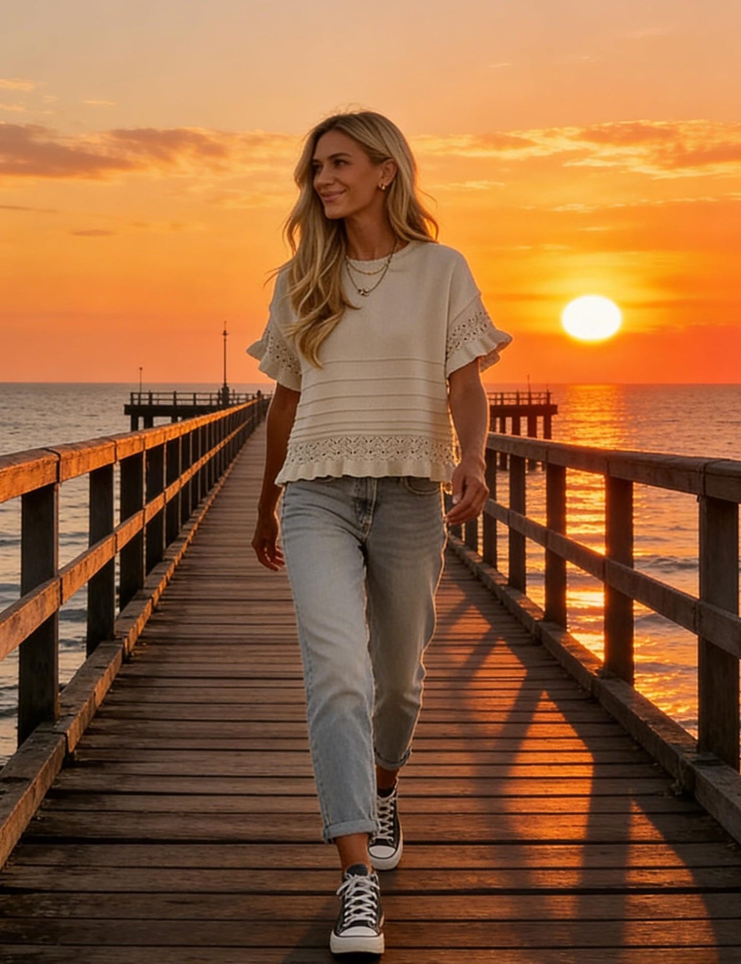 Ruffle Sleeve Crochet Knit Sweater Top Women Summer Blouse
