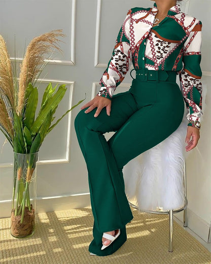 Women's Belted Floral Shirt & Pants Set