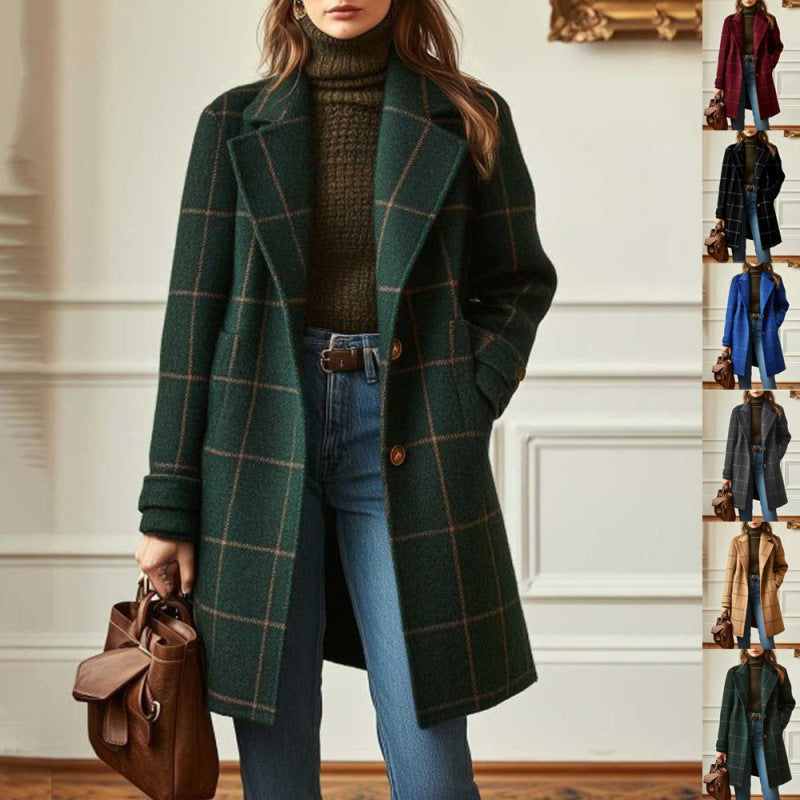 Women's Vintage Plaid Lapel Coat Winter Mid-Length