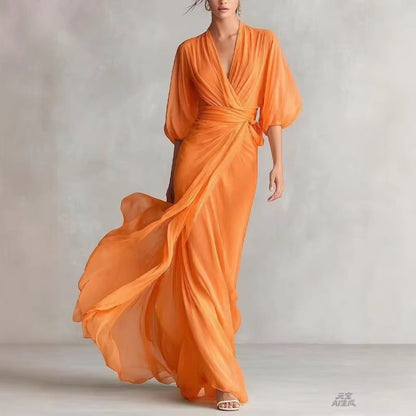 Elegant Deep V-Neck Lantern Sleeve Wrap Maxi Dress