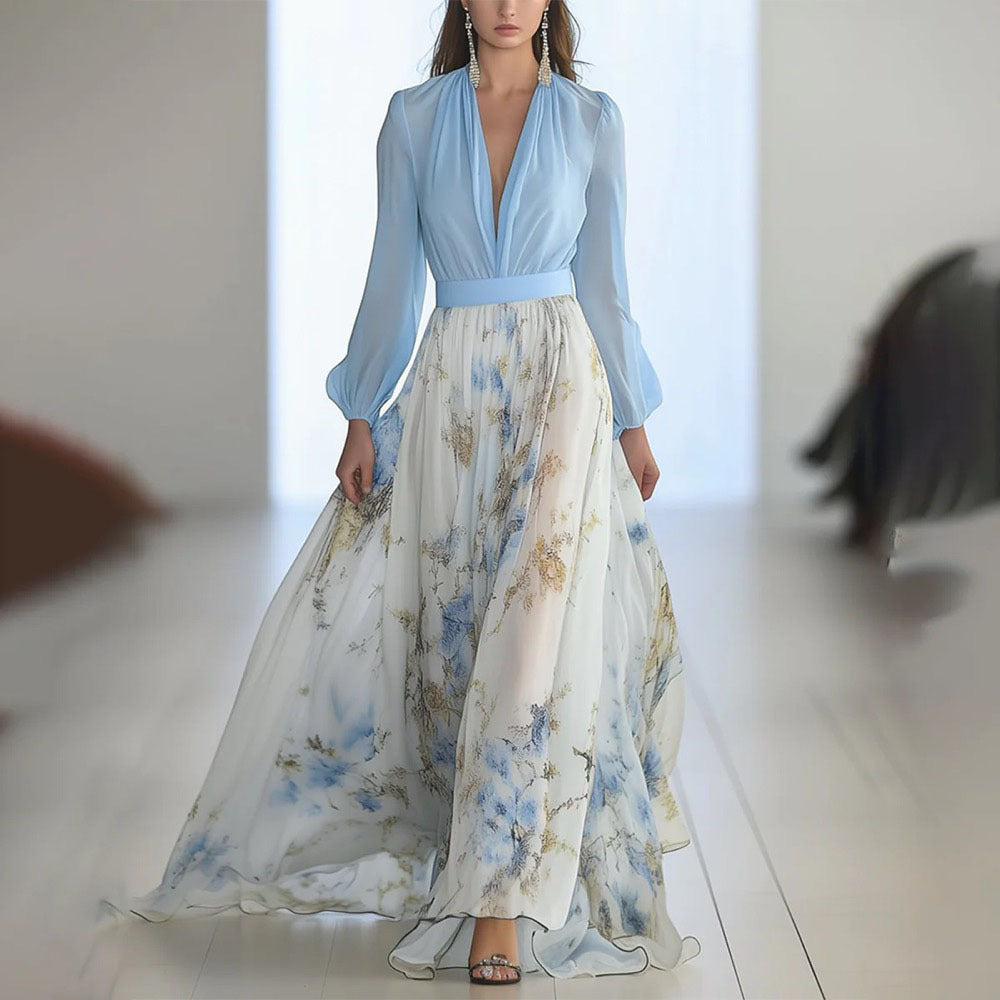Floral Chiffon Maxi Dress Long Sleeve V-Neck Belted
