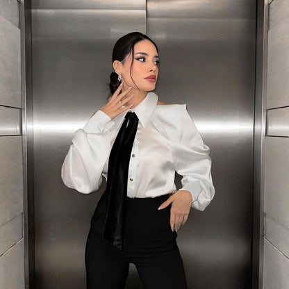 Women's Cold Shoulder Tie Neck Blouse Puff Sleeve Top
