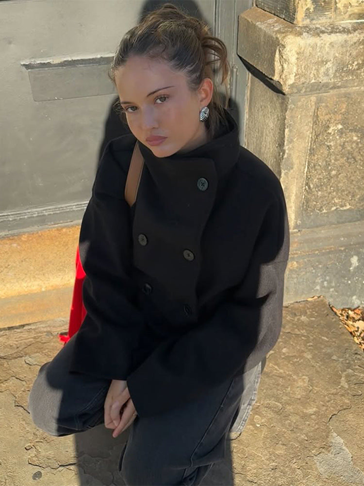 Women's Oversized Double Breasted Stand Collar Wool Coat