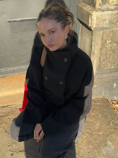 Women's Oversized Double Breasted Stand Collar Wool Coat