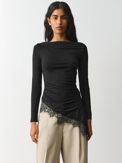 Lace Trim Long Sleeve Fitted Sexy Going Out Top