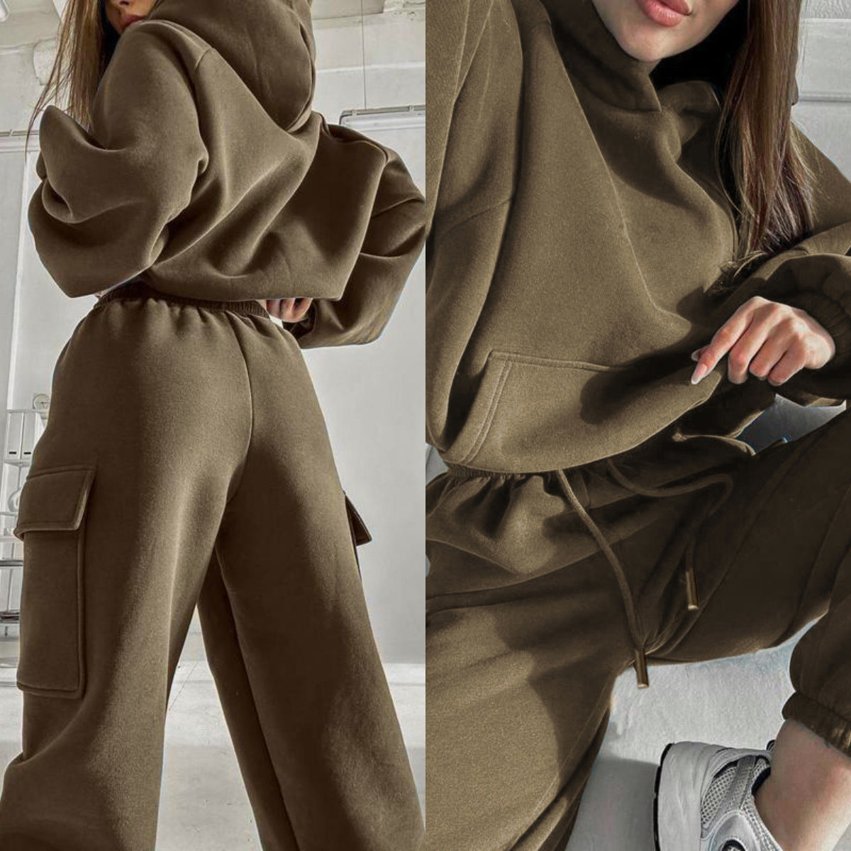Women Oversized Fleece Hoodie Cargo Jogger Set