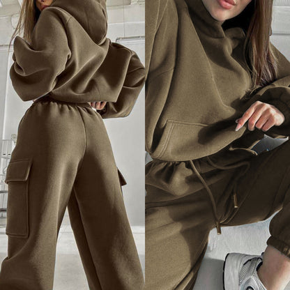 Women Oversized Fleece Hoodie Cargo Jogger Set
