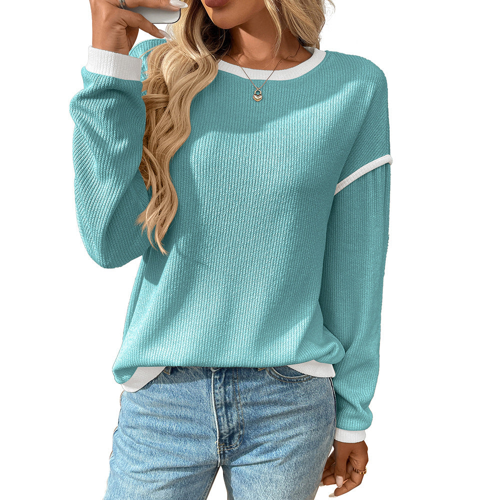 Contrast Trim Long Sleeve Waffle Knit Pullover