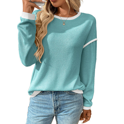 Contrast Trim Long Sleeve Waffle Knit Pullover