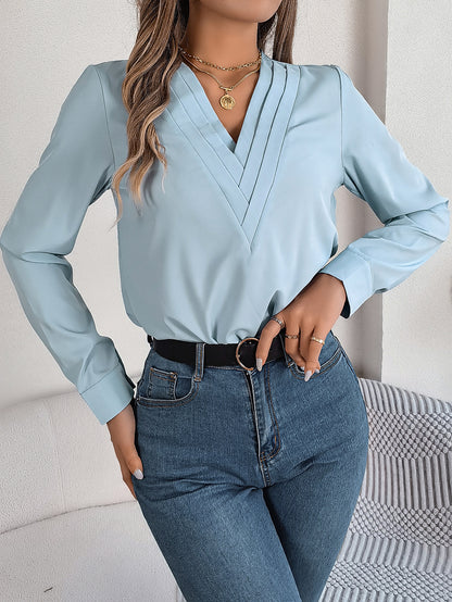 Elegant Layered V-Neck Long Sleeve Blouse – 2025 Fall/Winter