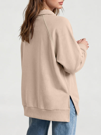 Women's Oversized Collared Button Pullover Sweatshirt