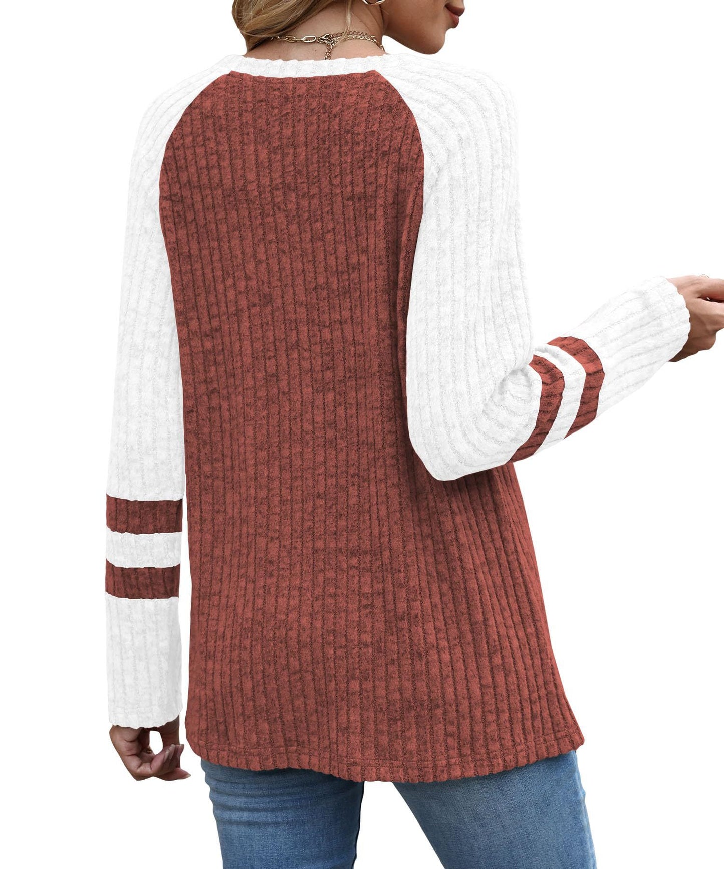 Colorblock Ribbed Knit Sweater Women Casual Pullover Top