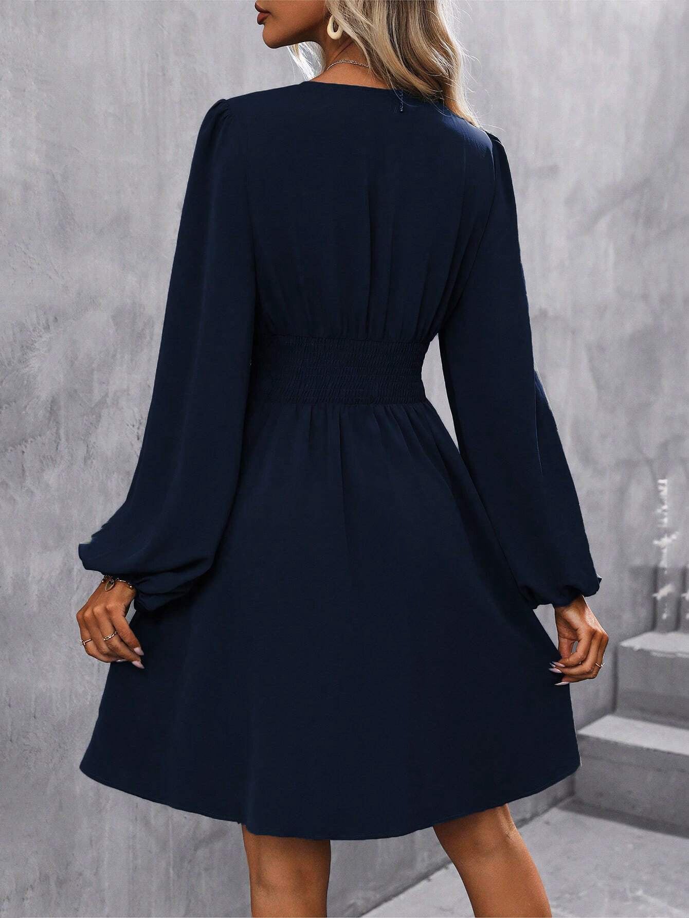 Women's V-Neck Balloon Sleeve Ruched Waist A-Line Dress