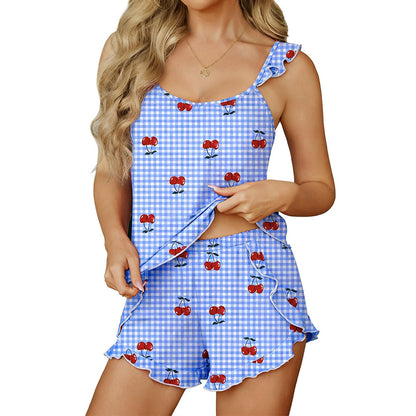Bow Print Ruffle Strap Pajama Set Sleeveless Sleepwear